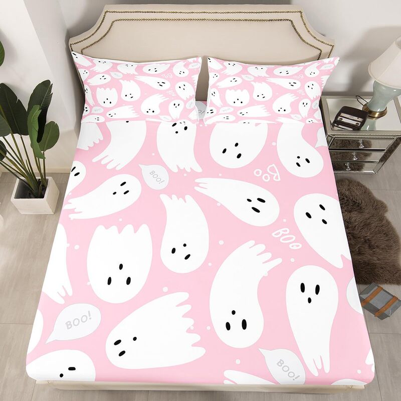 Cross-Border Three-Piece Fitted Sheet Set Pink Halloween Ghost Pattern Fitted Sheet Bedding Set for Adults and Children