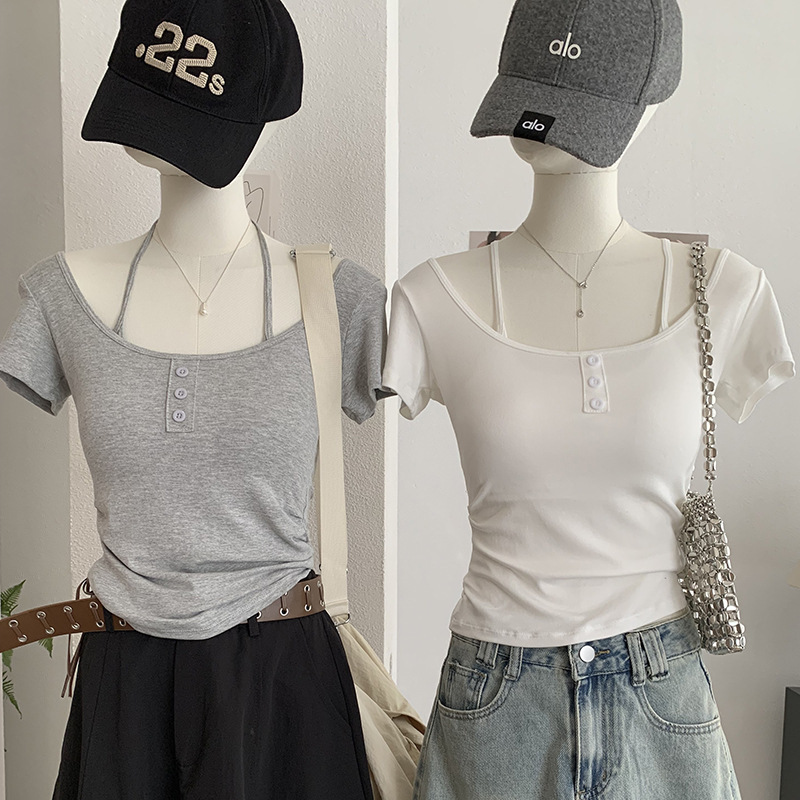 Kekezoon Pure Desire Gentle Style with Chest Pads Fake Two-Piece Short Sleeve T-Shirt for Women Summer Halter Neck Tie Top 8378 Kekezoon Pure Desire Gentle Style with Chest Pads Fake Two-Piece Short Sleeve T-Shirt for Women Summer Halter Neck Tie Top 8378
