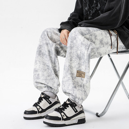 American tie-dye cool and stylish dirty ankle-length casual sweatpants for men, autumn and winter lined, extra-large size sportswear pants