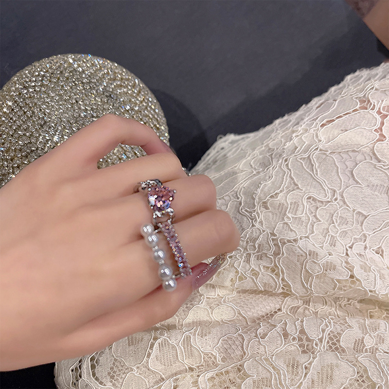 Fashion Heart Shape Copper Inlay Artificial Pearls Zircon Open Ring 1 Piece