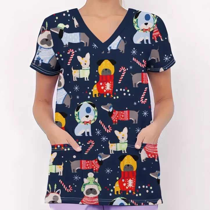 2026 Hot-Selling Women's V-Neck Nurse Uniform, Hospital Universal Versatile Digital Print Casual Comfortable Short-Sleeved T-Shirt