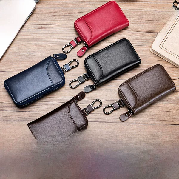 Key Bag, Key Holder for Men, Large Capacity, Leather Texture, Business and Home Use, Simple Zipper, Waist Hanging, Multifunctional Car Card Holder