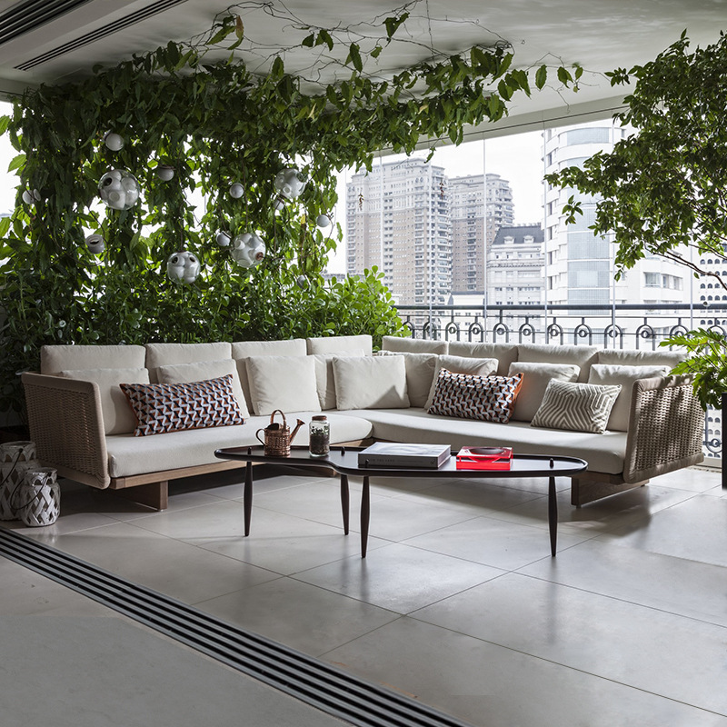 Sofá de patio exterior, conjunto de muebles para jardín y balcón, sofá de ratán y teca resistente al agua y al sol para terraza de villa.