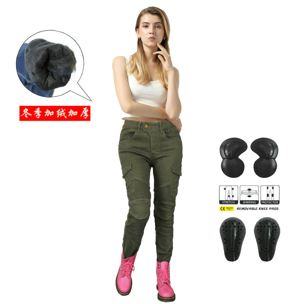 Directo de fábrica VOLERO ejército verde casual forrado de lana pantalones de la motocicleta pantalones vaqueros de la motocicleta de carreras de invierno pantalones para las mujeres