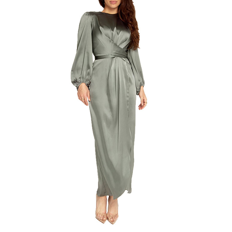 Yiduoduo dress is a fresh and sweet satin long dress 20386 with lantern sleeves, slim fit and tie straps