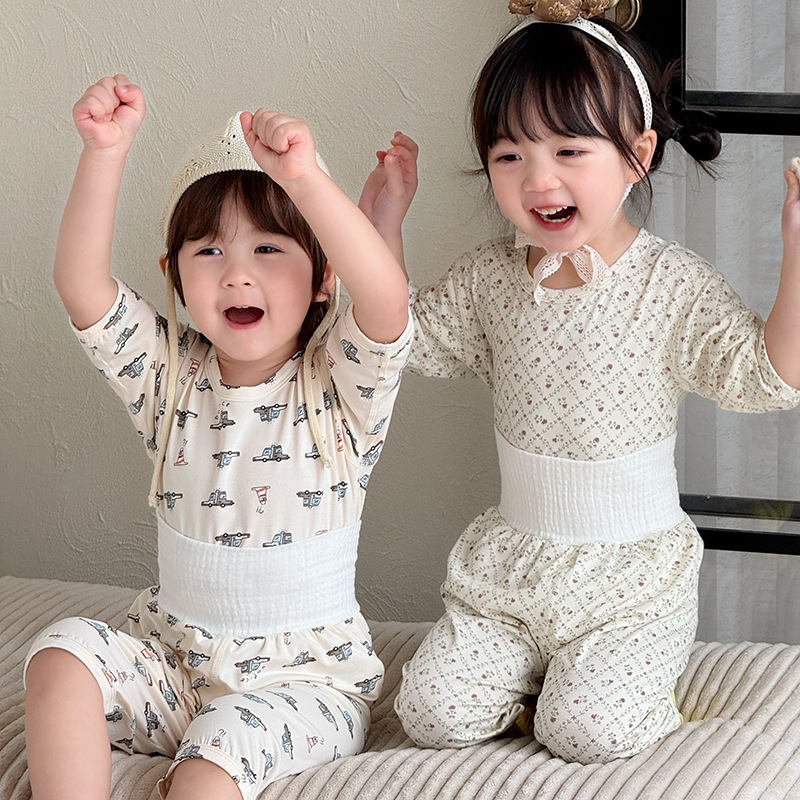 Spring and Summer Baby Home Clothes for Boys and Girls, Three-Quarter Sleeve Air-Conditioned Clothes Set, Korean Style Kidsren's Thin High-Waisted Belly-Protecting Pajamas