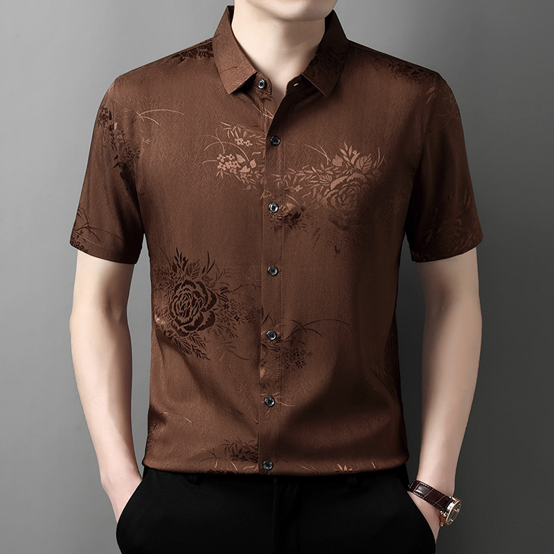 Summer Men's Ice Silk Jacquard Short-Sleeved Shirts, High-End No-Iron and Traceless Men's Versatile Large Size Half-Sleeved Tops