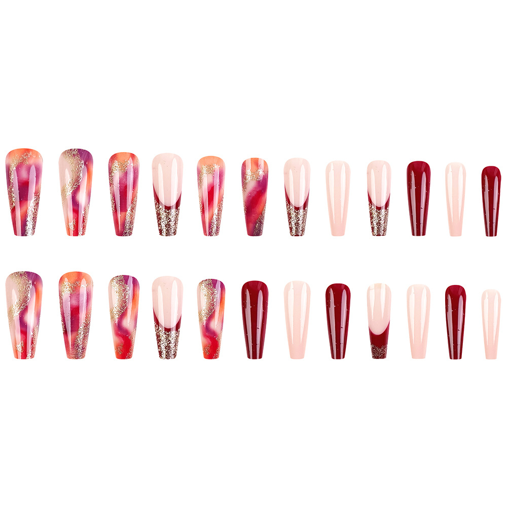 Retro vino tinte color rojo oro brillante trapezoidal 24 piezas de comercio exterior manicure blanco parche de uñas francés lote mixto image 6