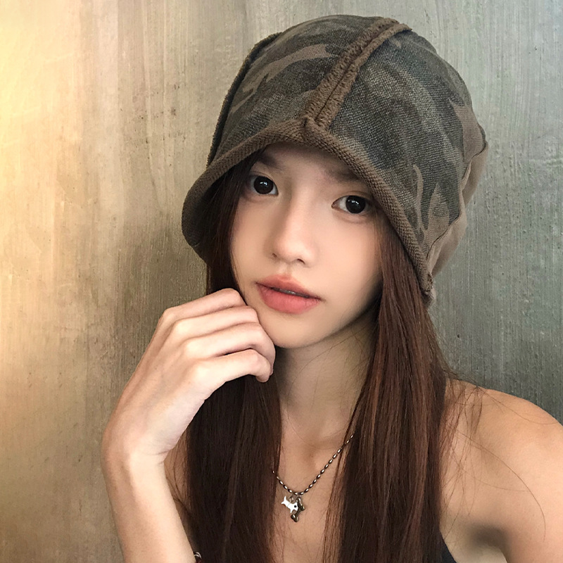 韩版卷边迷彩堆堆帽女早秋遮阳大头围显脸小辣妹包头帽月子帽冷帽|undefined