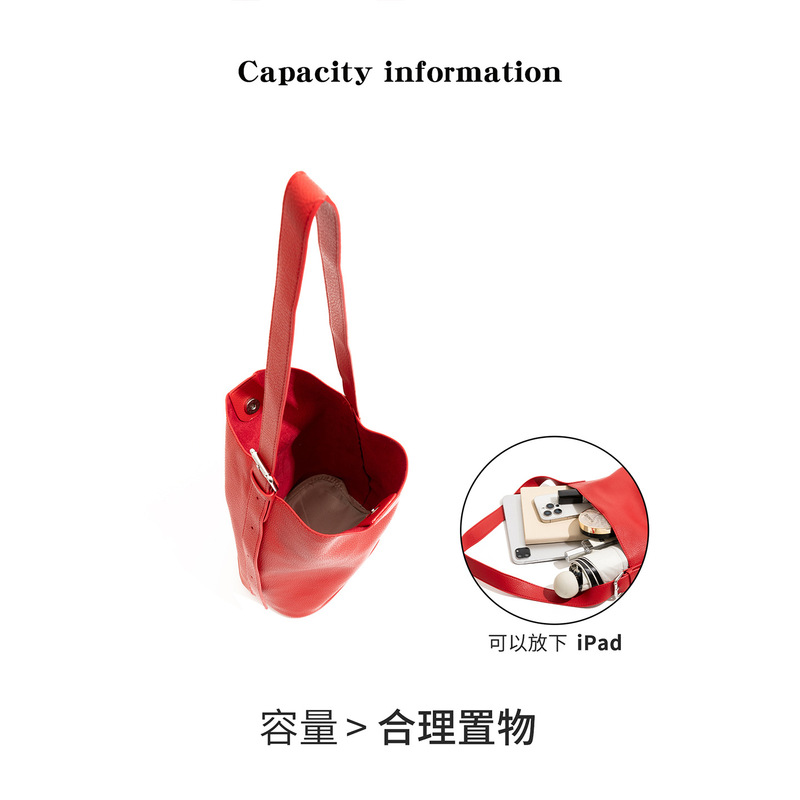 CKKUI ライト高級ニッチソフトレザー PU レッドバッグハイエンドバケットバッグ大容量通勤ショルダートートバッグ|undefined