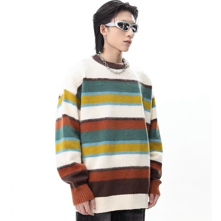毛衣男秋冬日系撞色条纹圆领衫针织衫复古打底衫宽松慵懒风毛线衣