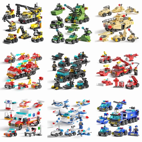 Compatible with LEGO car building blocks, military fire police car engineering team children's educational toys, small particle assembly model