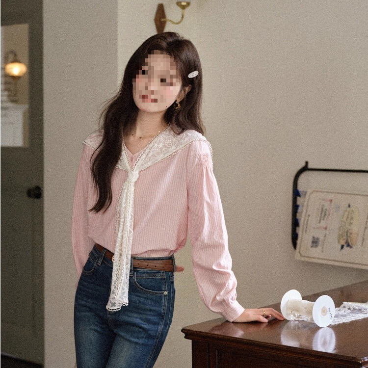 French Pink Stripesd Long-Sleeved Shirt for Women Spring and Autum 2025 New Lace Shawl Loose V Neck Shirt Top French Pink Stripesd Long-Sleeved Shirt for Women Spring and Autum 2025 New Lace Shawl Loose V Neck Shirt Top