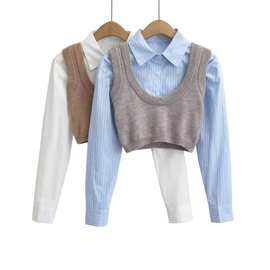 秋季女装POLO单排扣衬衫+短款针织小背心辣妹风时尚两件套套装