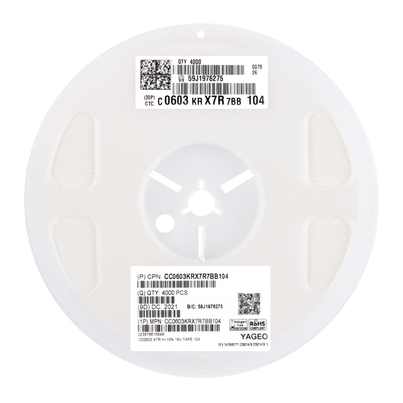 原装 0603贴片电容 100nF(104) ±10% 16V X7R CC0603KRX7R7BB104