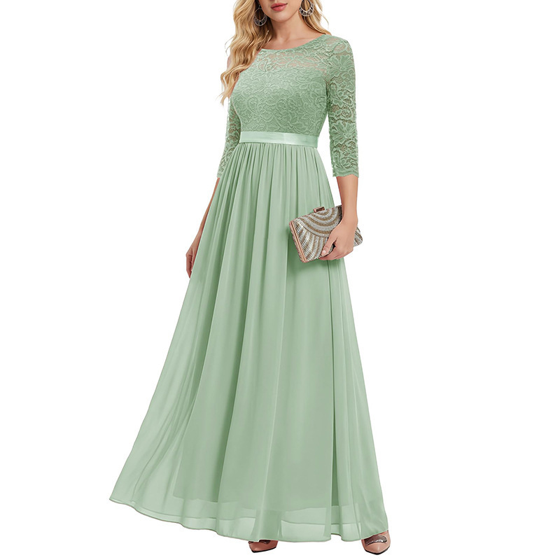 New European and American evening dress, chiffon, 7/8 sleeves, women's banquet dress, round neck, elegant long dress, party dress, bridesmaid dress New European and American evening dress, chiffon, 7/8 sleeves, women's banquet dress, round neck, elegant long dress, party dress, bridesmaid dress
