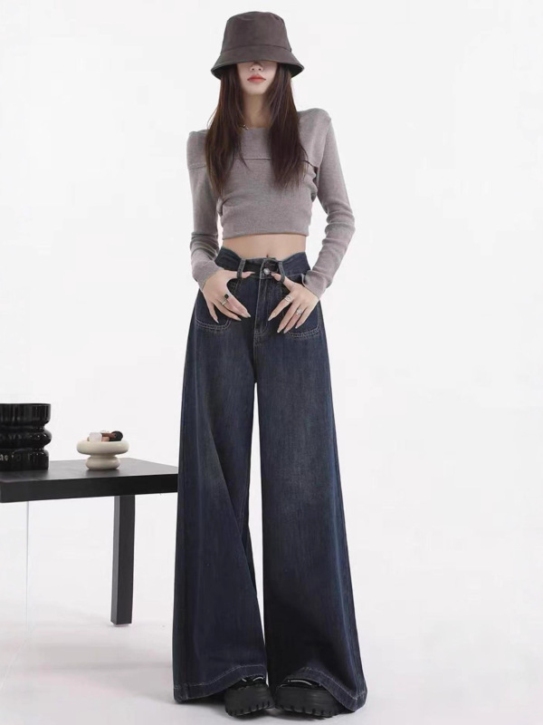 梵思羽复古蓝阔腿牛仔裤女春秋2025新款高腰宽松垂感直筒拖地裤子|undefined