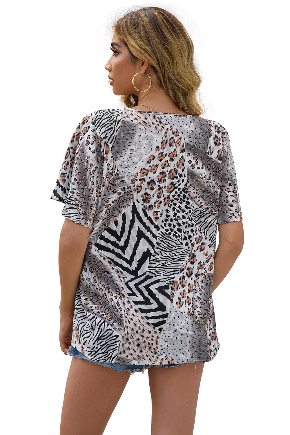 Damen Bluse Mit Leopardenmuster V-ausschnitt Kurzem Ärmel Casual_voghion.com