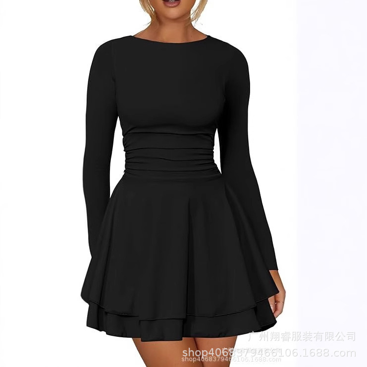 Women's Crewneck Long Sleeve Corset Mini dress Ruffled Hem Short Party Club dress Women's Crewneck Long Sleeve Corset Mini dress Ruffled Hem Short Party Club dress