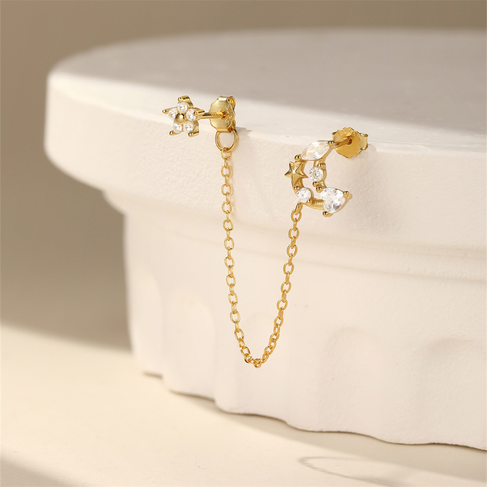 Women's Gender 1 Piece 925 Sterling Silver Star Moon Flower Zircon Ear Studs