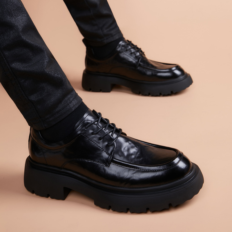 British-style business men's leather shoes, popular casual men's versatile lace-up thick-soled height-increasing derby shoes