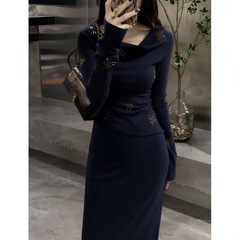 法式高级感轻奢时尚套女装设计感荡领烫钻长袖T恤高腰直筒半身裙