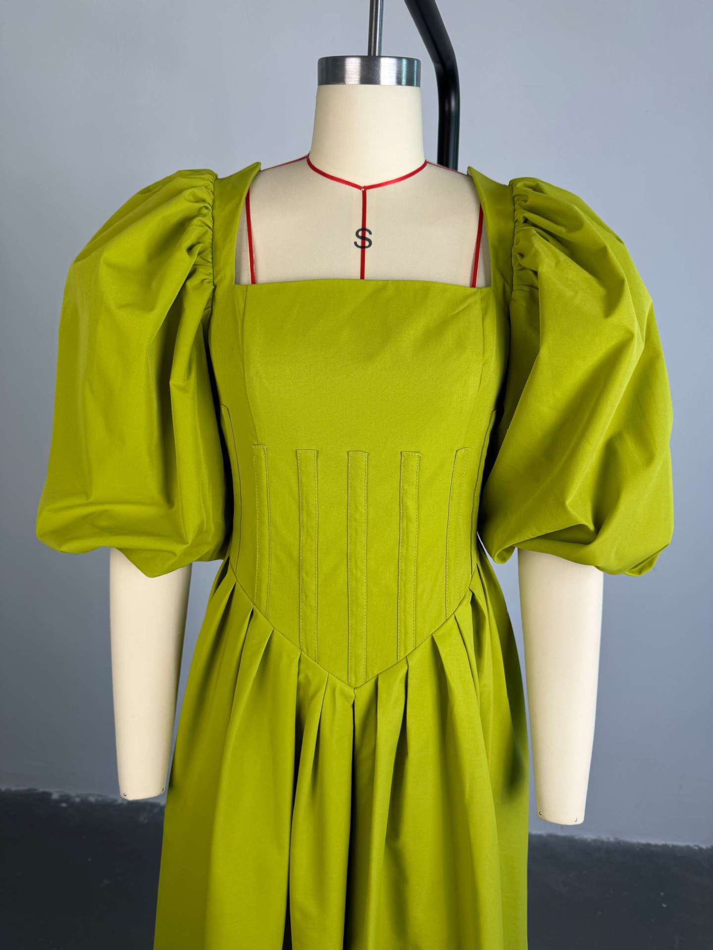 Women Clothing Autumn Sweet Fresh Square Collar Lantern Sleeve High Waist Slimming A line Dress