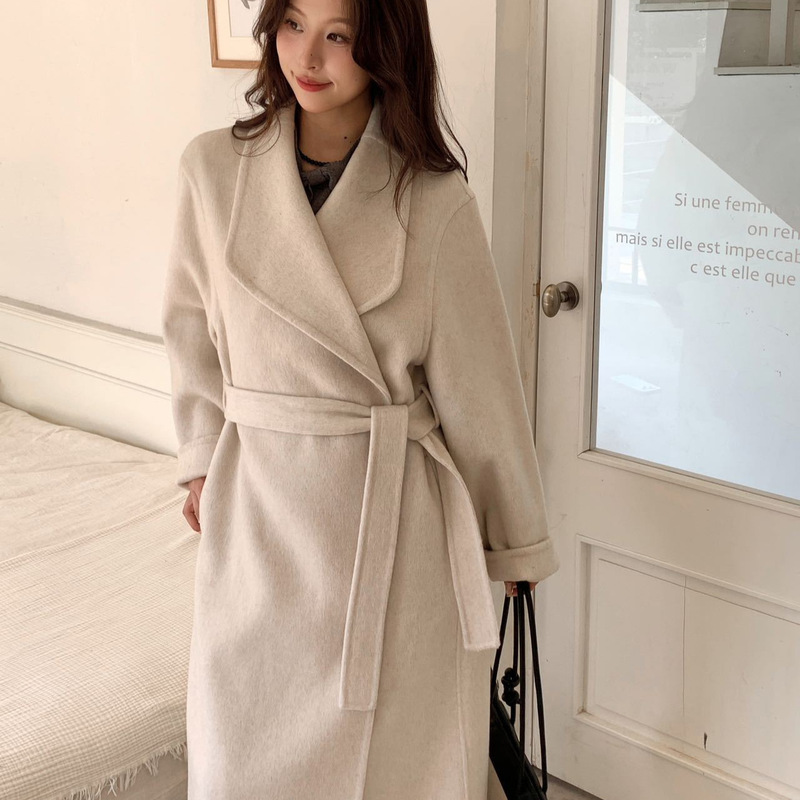 2025 Autumn/Winter Korean Style Cashmere Dongdaemun Double-Sided Coat for Women, Extra Long, Belted, Waist-Slimming Woolen Jacket
