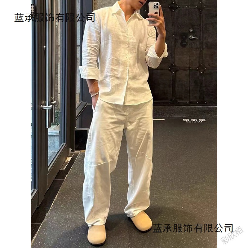 White Old Money Style Linen Shirt Set for Men, Autumn Season, Lyocell Tencel Cotton Linen Pants, Complete Set of Wide-Leg Pants