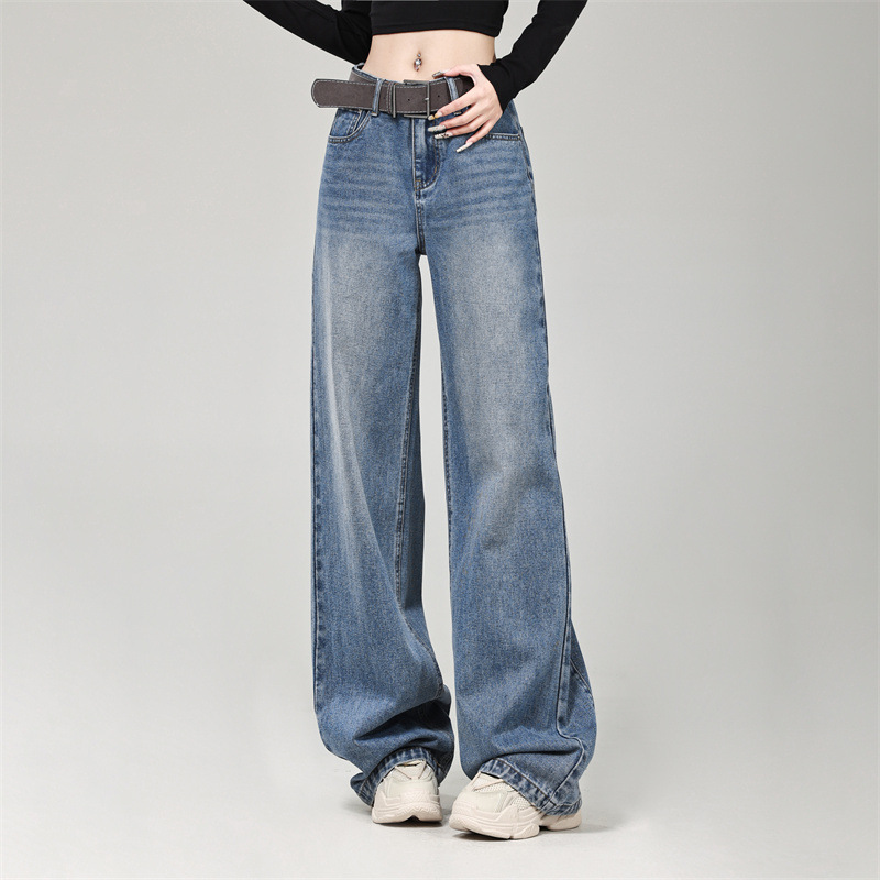 Girlyhalo American Retro Washed Straight-Leg Jeans for Women, Petite High-Waisted Loose Wide-Leg Pants Girlyhalo American Retro Washed Straight-Leg Jeans for Women, Petite High-Waisted Loose Wide-Leg Pants