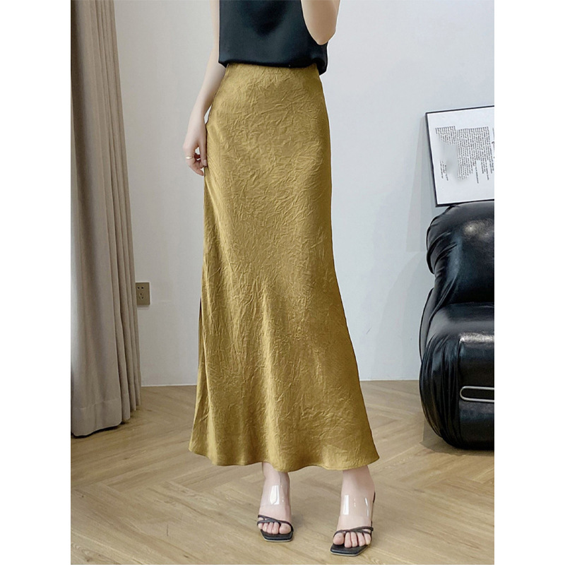 Women's Golden Acetate Satin Slim-Fit Long Dress for Summer Yellow Dipped Long Silk Hip Fishtail Skirt Women's Golden Acetate Satin Slim-Fit Long Dress for Summer Yellow Dipped Long Silk Hip Fishtail Skirt