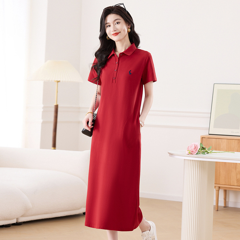 2026 Summer New Style Cotton Long Polo Dress Short-Sleeved Over-The-Knee Lapel Loose Slimming Casual Women's T-Shirt 2026 Summer New Style Cotton Long Polo Dress Short-Sleeved Over-The-Knee Lapel Loose Slimming Casual Women's T-Shirt