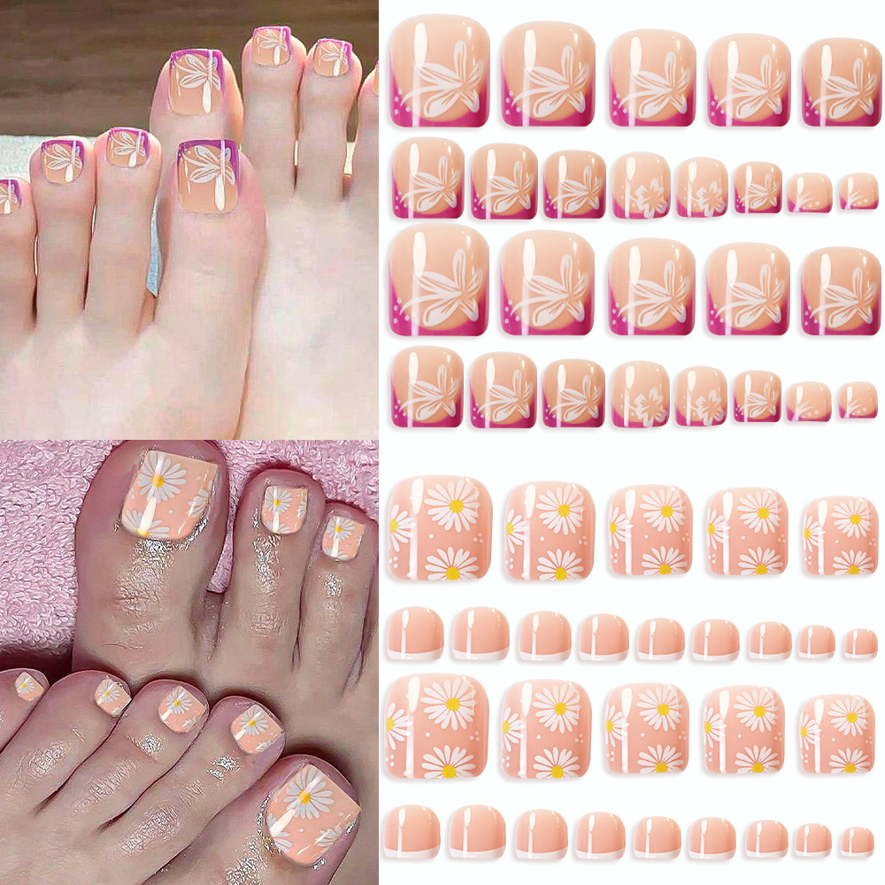 Fresh Little White Flower Toenail Tips, Simple Youthful Daisy Ins Style French Girl Short Toenail Pieces