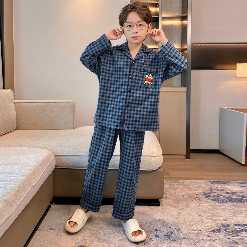 Boys' Polyester-Cotton Pajamas, Spring and Autumn Long-Sleeved and Long-Pants Set, Suitable for Older Boys, Children's Cardigan Loungewear That Can Be Worn Outside