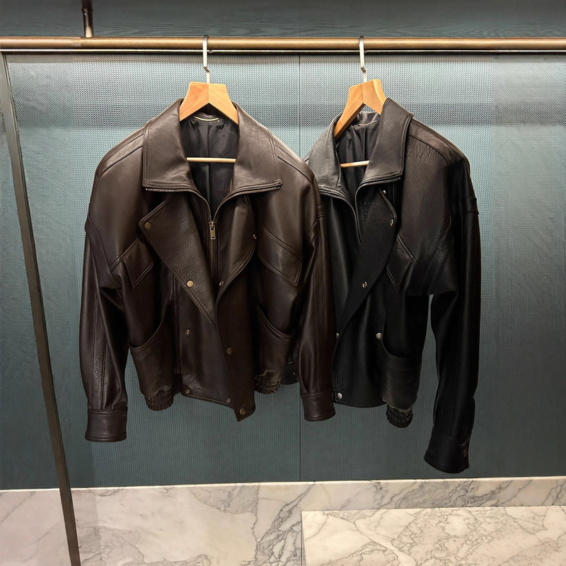 Rose Same Style British Imported Natural Bubble Pattern Goatskin Y*L Split Line Motorcycle Leather Jacket Flight Jacket