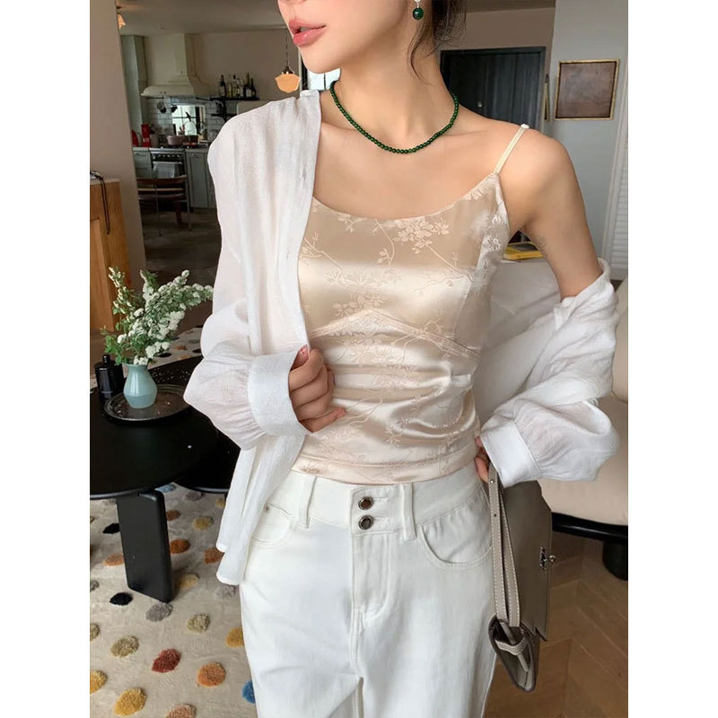Chinese-style Satin Camisole Women's Summer Wear-free Bra One-piece V-neck Inner Base Top with Chest Pad Chinese-style Satin Camisole Women's Summer Wear-free Bra One-piece V-neck Inner Base Top with Chest Pad