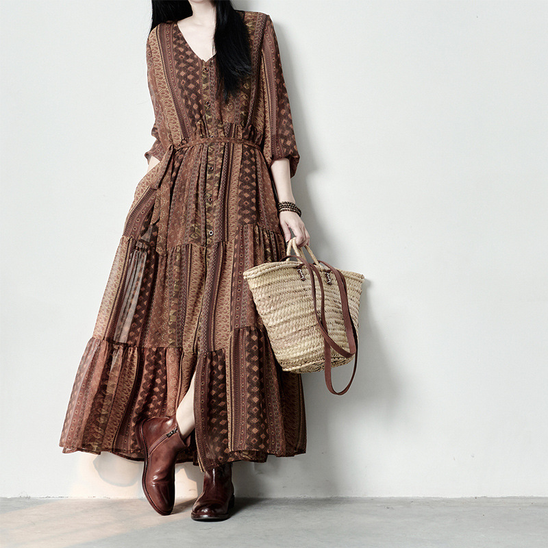 Outdoor Travel Vintage Bohemian Printed Chiffon Long-Sleeve Dress for Women, Waist-Cinching, Melard Style Long Dress Outdoor Travel Vintage Bohemian Printed Chiffon Long-Sleeve Dress for Women, Waist-Cinching, Melard Style Long Dress