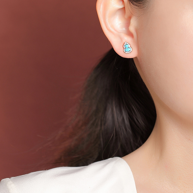 Bông tai bạc S925 đính đá turquoise hình hồ lô phong thủy may mắn — Cặp đôi