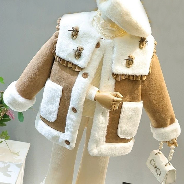 Mergaičių žieminis kostiumas mergaičių kailiukas viename korpuse plius vilnos storos paltinės kelnaitės dviejų dalių komplektas_voghion.com