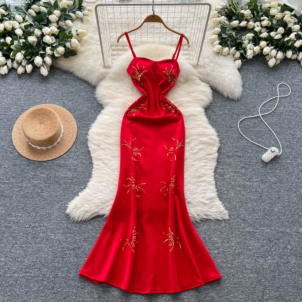 Легкое роскошное светское платье для женщин, элегантное вечернее платье с пайетками, вышивкой и подтяжками на талии, утягивающее фигуру, в стиле "рыбий хвост".