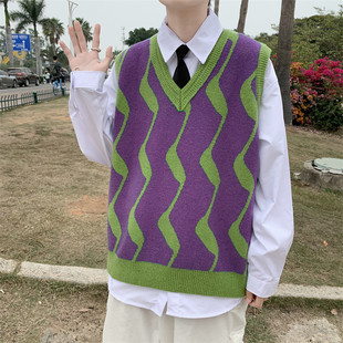 Vintage V-neck waistcoat sweater vest waistcoat men's and women's loose fried street knitted sleeveless top wear wool vest