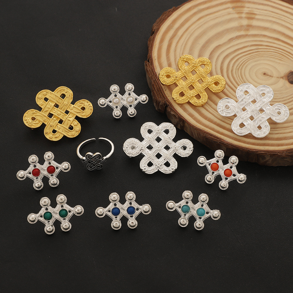 Mongolian Elements Chinese Lucky Knot Zinc Alloy Silver Plated Brooch Pearl Imitation Turquoise Badge