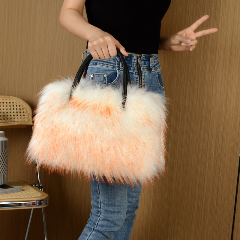 Guliangjiji Bag New Model Faux Raccoon Fur Plush Small Square Bag Handbag Tote Bag 2023 Spring