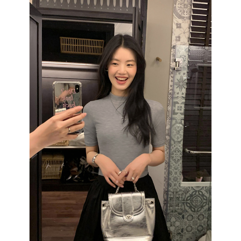 pusumede 半高领黑色短袖T恤女春秋半袖打底衫修身显瘦针织上衣|undefined