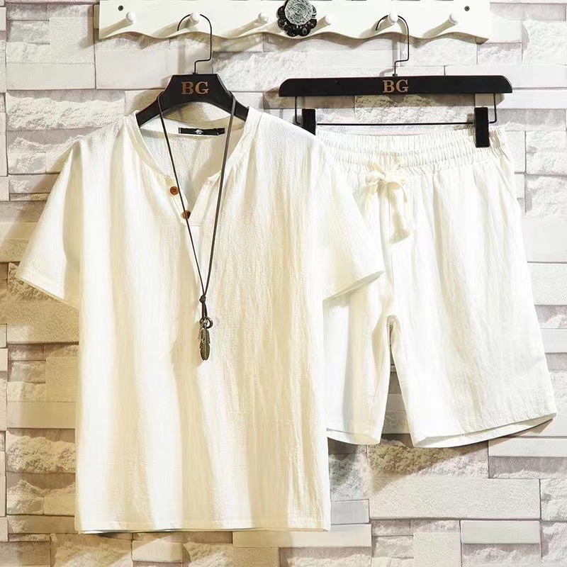 Factory wholesale cotton and linen short-sleeved shorts suit men's Chinese style plus size V-neck T-shirt casual sports linen two-piece set