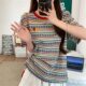 plus size Short-sleeved T-shirt Women's Summer Loose Slim-fit Round Neck Top chubby girl Striped Contrast Shoulder Dopamine T-shirt