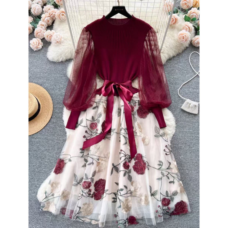 French Style Entry Luxury Socialite Style Knitted Stitching Embroidered Mesh dress Women's Lace-up Waist Slimming Elegant Fairy Dress