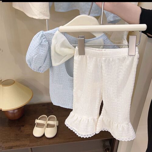 Girls' Short Sleeve T-Shirt  New Children's Summer Fashionable Bowknot Backless Underwear Fashion Bell Bottom Pants 