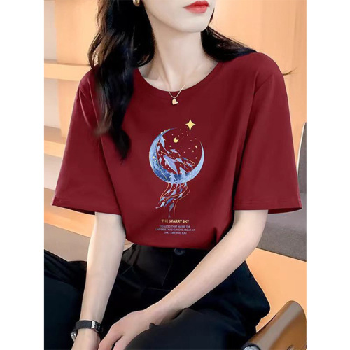 Cotton Loose Short Sleeve T-shirt for Women - Summer New Arrival, Beautiful Top with Moon Print Design, Round Neck for Spring and Autumn