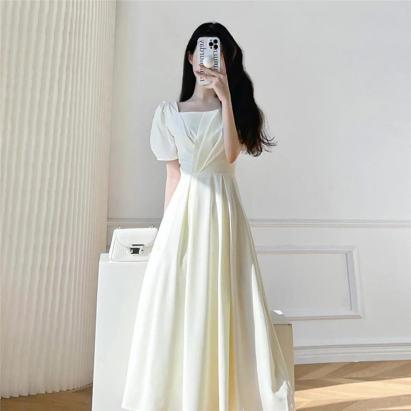 Summer 2025 New Style French Style Square Neck Asymmetrical Dress Long Waist-Cinching High-End Street Long Skirt